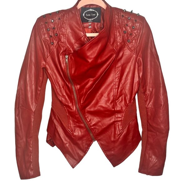 Love Tree Deep Red Faux Leather Moto Jacket Womens M Y2k Grunge 90s Rock Studded - Picture 3 of 11